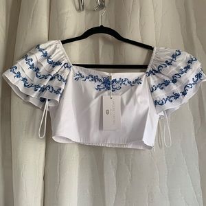Caroline Constas White Poplin Blue Embroidered Delia Crop Too M